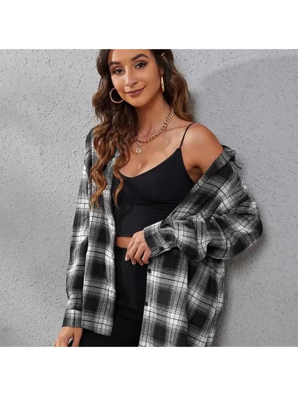 SHEIN Black and white plaid button-up flannel shirt